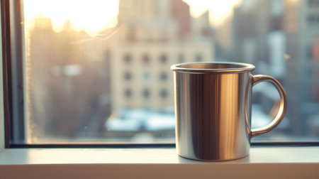 A stunning morning view featuring a metal mug placed on a windowsill, filled with warm light and serenity from the city skyline during sunrise.の素材