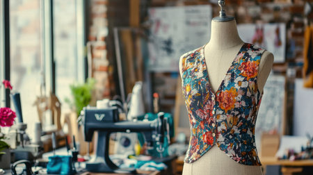 Captivating floral vest displayed in a bright tailoring studio, showcasing creativity and artistry for fashion enthusiasts and designers alike.の素材