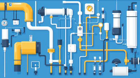 Colorful illustration of a modern plumbing system with pipes, valves, and fixtures. Perfect for engineering, maintenance, and educational purposes.の素材