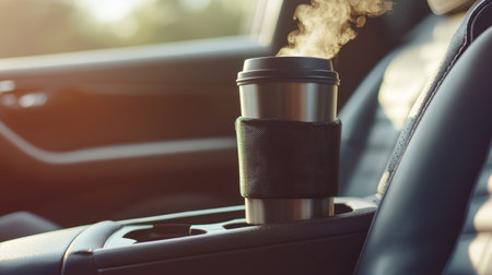 A steaming coffee cup sits comfortably in a car cup holder, with sunlight filtering through the window, evoking a cozy and refreshing morning vibe.の素材