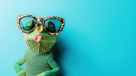 A hilarious chameleon with sunglasses and its tongue out, looking relaxed and fun, set against a bright pastel blue background, perfect for party designs.の素材