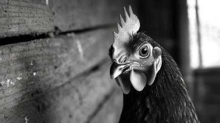 Artistic black-and-white contrast portrait of a chicken, elegant farmyard aesthetic.の素材