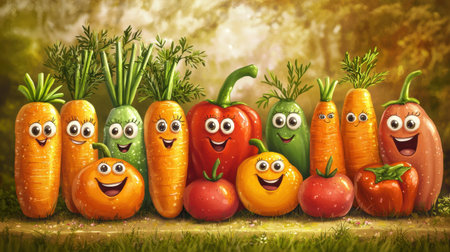 Cheerful cartoon vegetables with big expressive eyes, smiling carrots, tomatoes, and peppers, playful and colorful.の素材