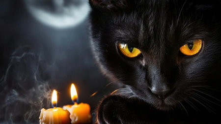 Gothic Halloween scene, a black cat with piercing yellow eyes, candlelight reflecting on its face, moonlit backdrop.の素材