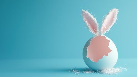 Damaged egg with rabbit ears standing upright inside, cute and playful Easter greeting card design on pastel blue background.の素材