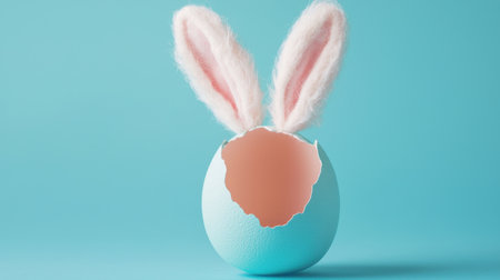Cracked Easter egg with soft bunny ears sticking out, placed on a pastel blue background, festive holiday greeting card design.の素材