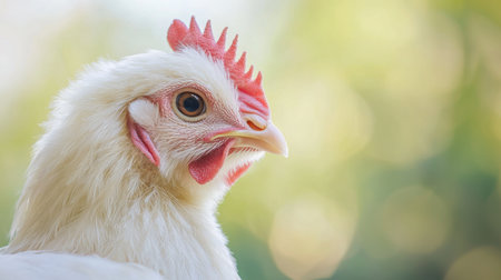 Profile view of a fluffy white chicken, fine feather details, and a soft, neutral background.の素材