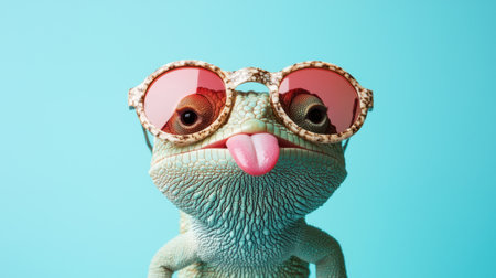 Cool chameleon wearing sunglasses, sticking its tongue out, isolated on a pastel blue background, funny summer party greeting card concept.の素材
