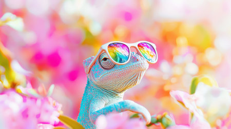 Happy birthday or summer celebration card with a playful chameleon, rocking sunglasses and a goofy expression on a vibrant pastel background.の素材