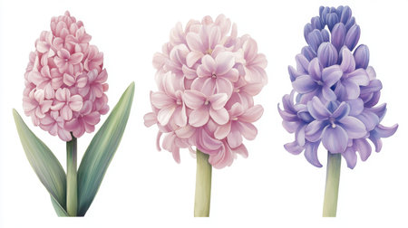 Delicate watercolor hyacinths in soft purple and pink tones, set of three botanical illustrations on white.の素材