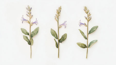 Minimalist floral watercolor painting of three hyacinth stems, elegant botanical artwork on a white background.の素材