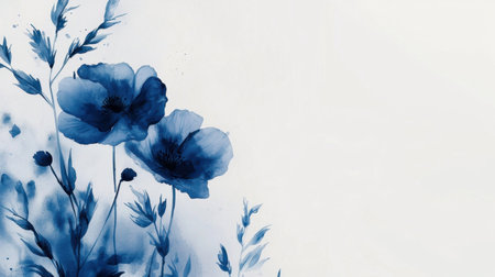 Light and airy watercolor illustration of blue poppy flowers, soft fading edges, delicate botanical artwork.の素材