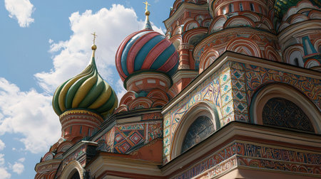 Close-up of Saint Basil's Cathedral in Moscow, highlighting its vibrant cupolas and intricate patterns against a blue sky.の素材
