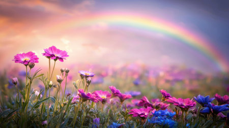 Charming children book-style summer field with vibrant flowers and a dreamy rainbow in a soft gradient sky.の素材