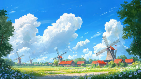 Bright summer scenery with windmills, a small cozy village, and fluffy white clouds floating in a blue skyの素材