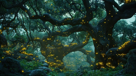 Mystical night forest where countless yellow fireflies light up the shadows, surrounded by towering ancient trees.の素材