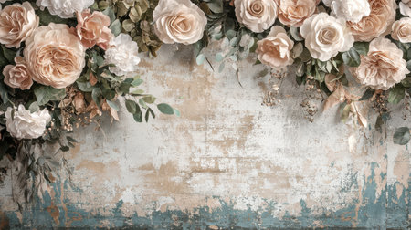 Romantic wedding wallpaper featuring a soft pastel flower mural, ornate textures, and a vintage-inspired beige color palette.の素材