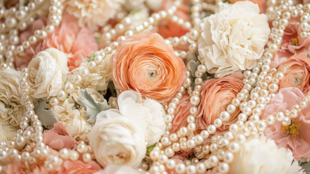 Vintage-inspired wedding background with lush pastel flowers, glistening pearls, and ornate golden accents.の素材