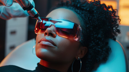 A woman experiences a cutting-edge skincare treatment while wearing stylish protective glasses in a serene clinic environment, highlighting advanced beauty technology.の素材