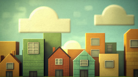 A whimsical illustration showcasing a collection of colorful houses against a soft blue sky, creating a serene and creative atmosphere.の素材