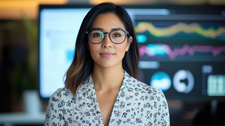 Confident business woman stands with a serious expression in front of digital graphs, embodying professionalism and success in a modern office setting.の素材