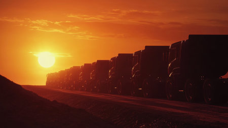 Majestic silhouette of trucks lined along a road during a breathtaking sunset, capturing the serene beauty of nature merged with industry.の素材