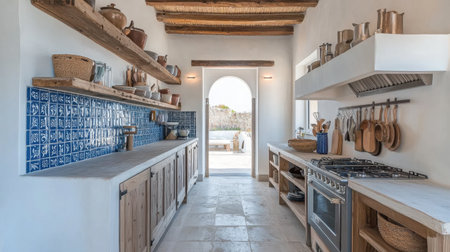 Modern kitchen with rustic charm featuring blue tile backsplash, open shelves, and ample natural light. A perfect space for culinary creativity.の素材