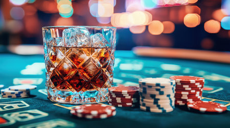 A stylish glass of whiskey with ice cubes is poised on a poker table along with colorful poker chips, set against a backdrop of vibrant casino lights.の素材