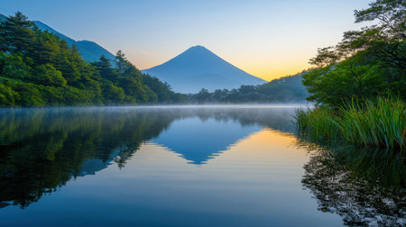 Captivating landscape featuring a misty lake surrounded by lush greenery and a majestic mountain at dawn, showcasing serene reflections.の素材