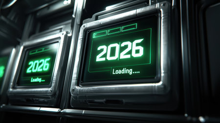 Futuristic digital display showcasing the year 2026 with a vibrant green loading animation, set against a high-tech background, ideal for technology themes.の素材