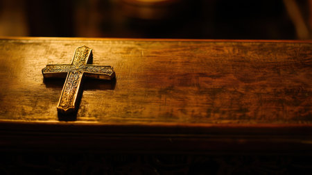 This image features a beautifully designed golden cross resting on a polished wooden surface, creating a serene and spiritual atmosphere, ideal for religious themes.の素材