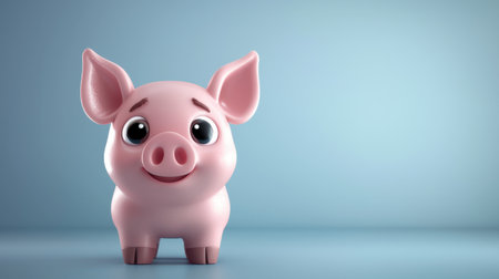 This charming cartoon pig character features a big smile and bright eyes, set against a soothing light blue background, perfect for conveying joy.の素材