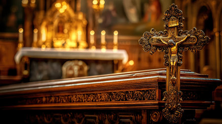 A beautiful ornate wooden cross stands before an altar, illuminated by warm candlelight, capturing a serene atmosphere in a historic church interior.の素材