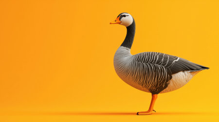 This vibrant illustration features a goose standing on a bright yellow background, representing a playful and artistic design for various creative projects.の素材