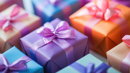 A vibrant array of beautifully wrapped gift boxes featuring various colors and ribbons. Perfect for celebrations, holidays, and special events.の素材