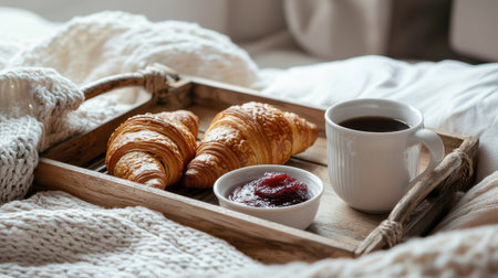 Enjoy a serene breakfast scene featuring croissants, jam, and a cup of coffee on a wooden tray, set against a soft blanket. Perfect for cozy mornings.の素材