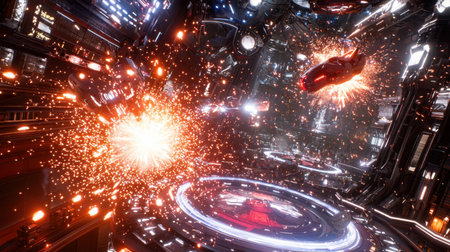 A captivating digital artwork showcasing a dynamic space scene filled with vibrant explosions and futuristic ships, set in a high-tech environment that embodies the essence of science fiction.の素材