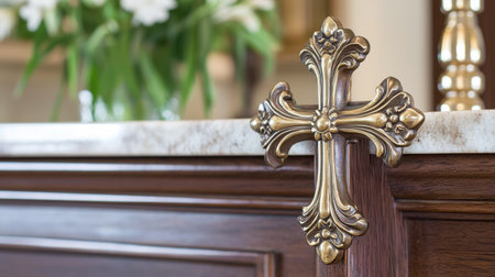 An elegant bronze decorative cross rests on a polished wooden surface, with fresh white flowers in the background, symbolizing faith and beauty.の素材