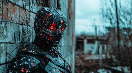 This striking image features a cybernetic robot with glowing red eyes, set against an urban decay backdrop. The dramatic portrayal highlights the blend of technology and innovative design in a surreal environment.の素材