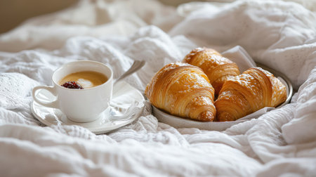 A cozy breakfast scene featuring three golden croissants beside a cup of rich coffee, elegantly presented on a soft white blanket, inviting warmth and comfort.の素材