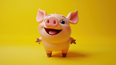 This adorable cartoon pig character features a joyful expression, designed with vibrant colors and a bright yellow background. Ideal for playful designs.の素材