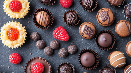 A stunning arrangement of assorted chocolate treats alongside fresh raspberries and delicate pastries, perfect for any dessert lover's delight.の素材