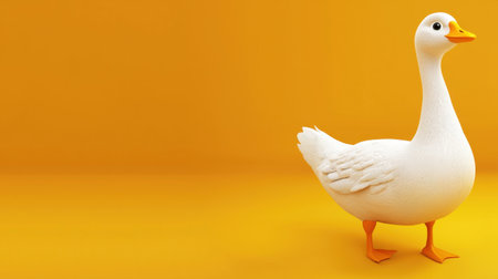 A charming cartoon white duck stands proudly against a vivid yellow backdrop, perfect for playful illustrations and cheerful designs. Ideal for children's themes.の素材