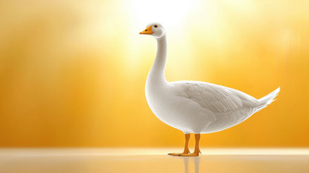 A beautiful white goose stands elegantly against a soft golden background, showcasing its graceful profile and serene presence in a tranquil setting.の素材