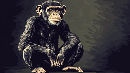 This illustration features a thoughtful chimpanzee sitting gracefully against a dark background, showcasing its expressive face and detailed fur.の素材