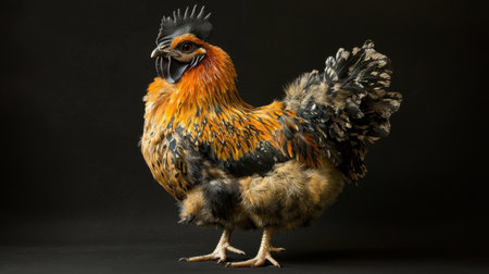This stunning portrait showcases a vibrant ornamental chicken, featuring intricate feather patterns and captivating colors against a dark backdrop.の素材