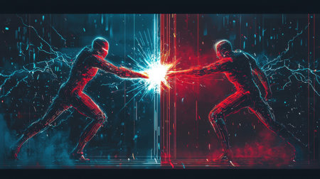 Two silhouetted figures engage in a dynamic energy clash, surrounded by vibrant neon colors and electric sparks, creating a captivating and futuristic atmosphere.の素材