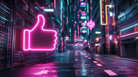 A vibrant city scene at night showcasing a glowing thumbs up sign, reflecting on wet pavement in a colorful urban alley, conveying positivity.の素材