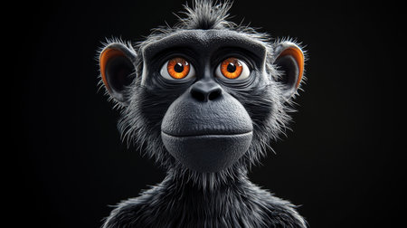 This captivating image features a cartoon monkey with expressive big eyes and rich fur texture against a dark background, radiating charm and personality.の素材