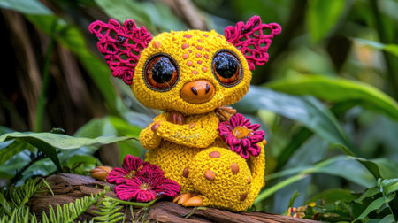This image features a colorful handcrafted creature with large expressive eyes and floral accents, nestled among lush green foliage, creating a playful and whimsical atmosphere.の素材